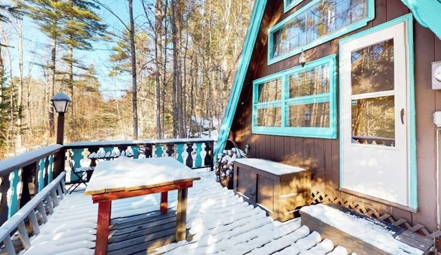 Charming gingerbread A-frame situated on 3 acres, woodstove, A/C, deck in Windham