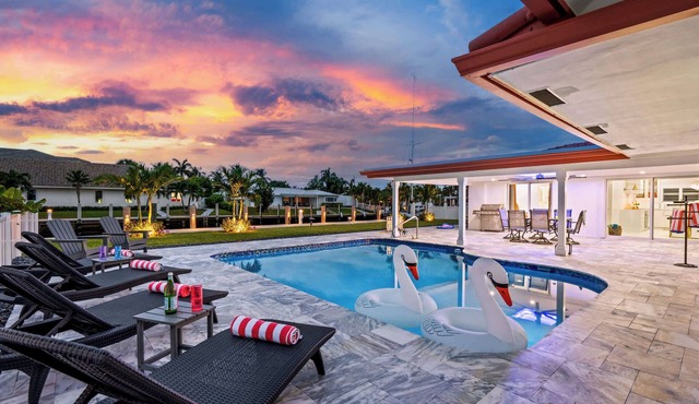 Mid-Century Modern Waterfront Pool Home Near Beach