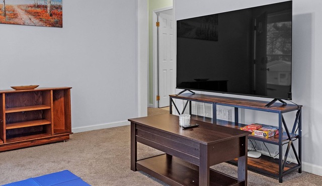 MSU area, 65 inch TV, elevated deck, pets welcome, full kitchen, TV in bedroom.