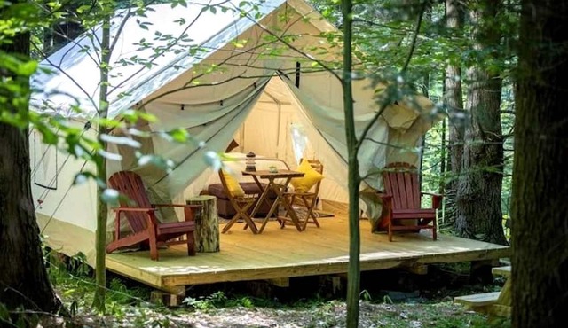 Spacious Group Glamping Site with Safari Tents, BBQ Gazebo, Fire Pits, Forest Trails in Broadalbin, New York in Broadalbin