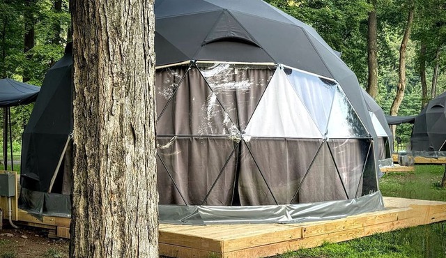 Starlit Geodesic Dome Haven Overlooking a Mountain River in New York’s Catskills