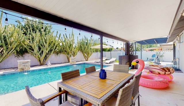 Updated, dog-friendly home with private pool, patio & great location