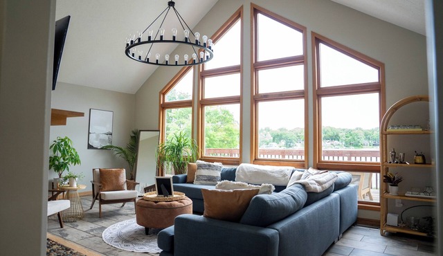 Waterfront Family Lake House Lux Decor, Electric Fire Pit + More